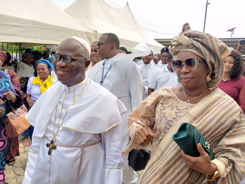 Caption: Prelate of the Methodist Church Nigeria, His Eminence, Dr. Samuel Chukwuemeka Kanu Uche, - who retires this November - and his wife, during a valedictory reception held in honour at the Christ Methodist Cathedral, Nyanya, Abuja, on Friday. ********